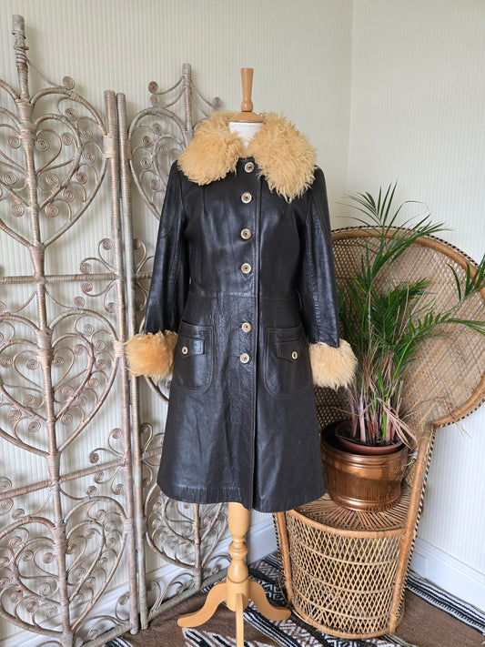 Vintage sheepskin collar leather coat