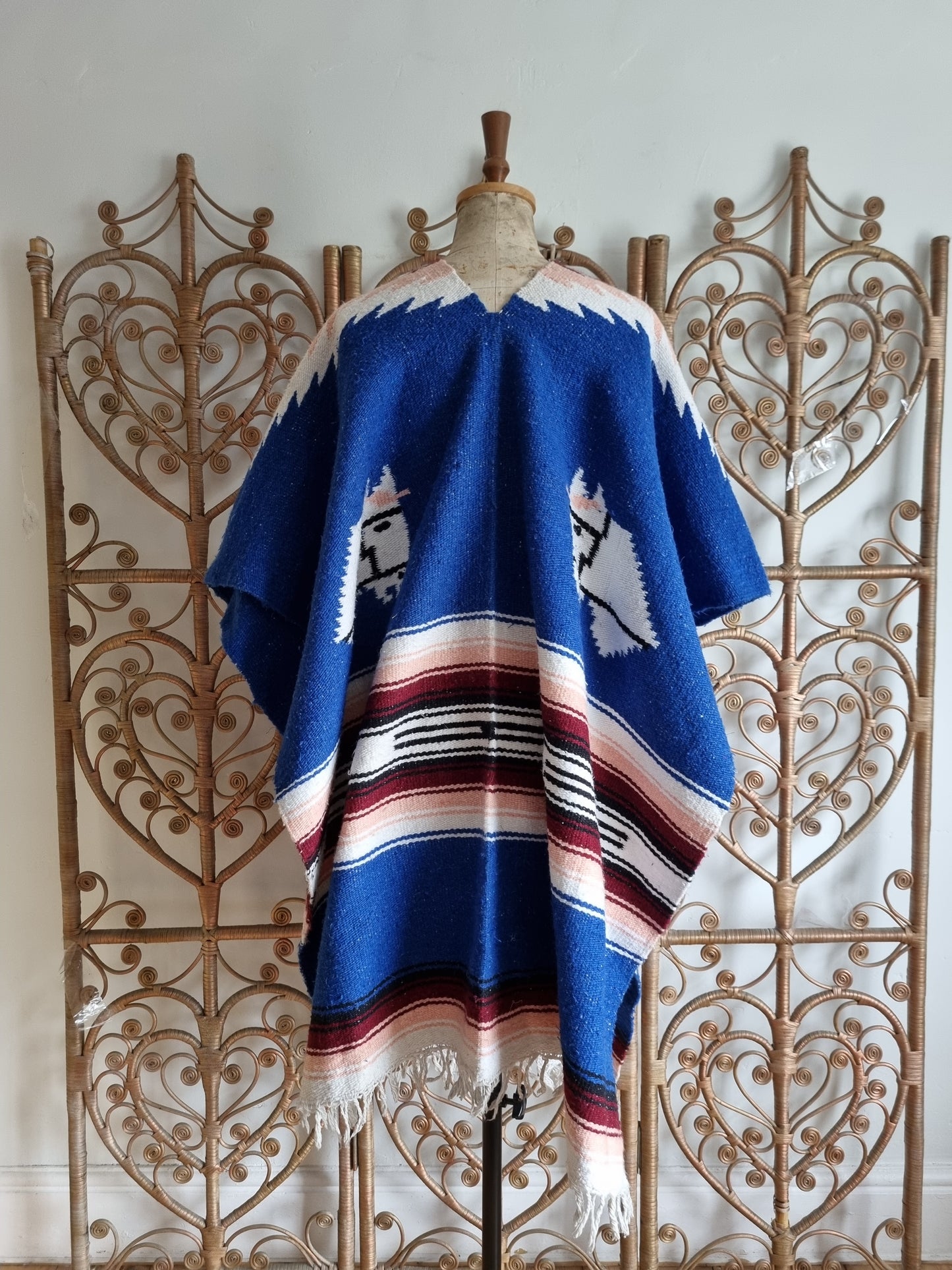Vintage cotton woven blanket poncho