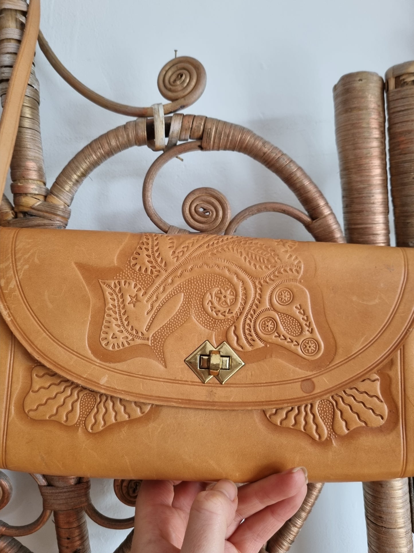 Vintage brown leather tooled clutch bag