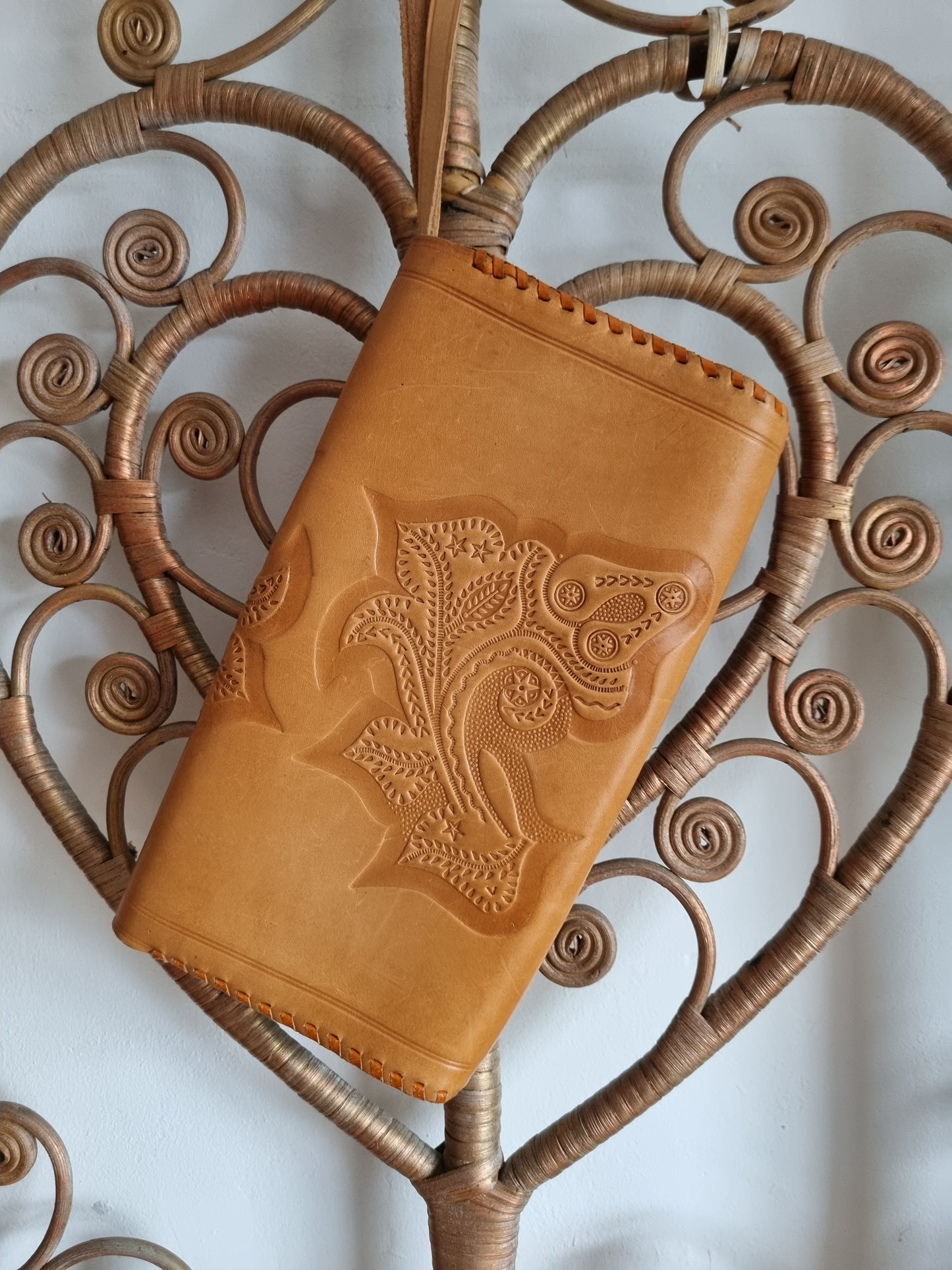 Vintage brown leather tooled clutch bag