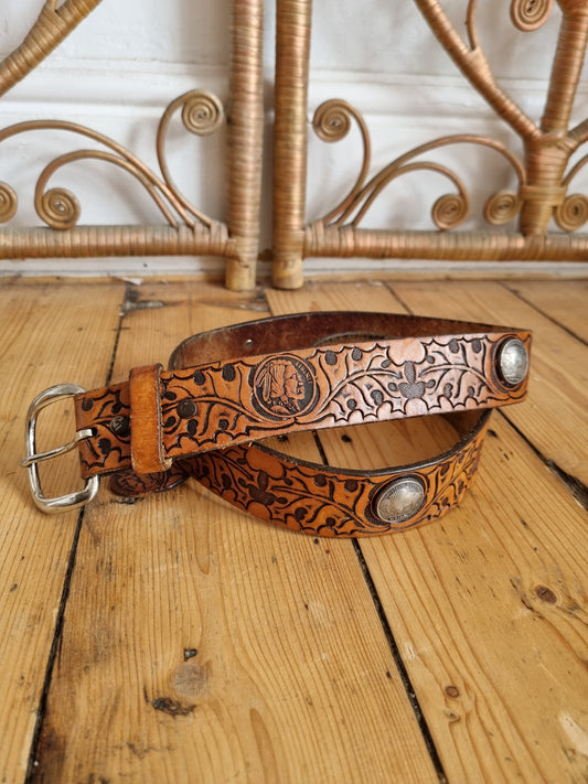 Vintage tooled American coin leather belt