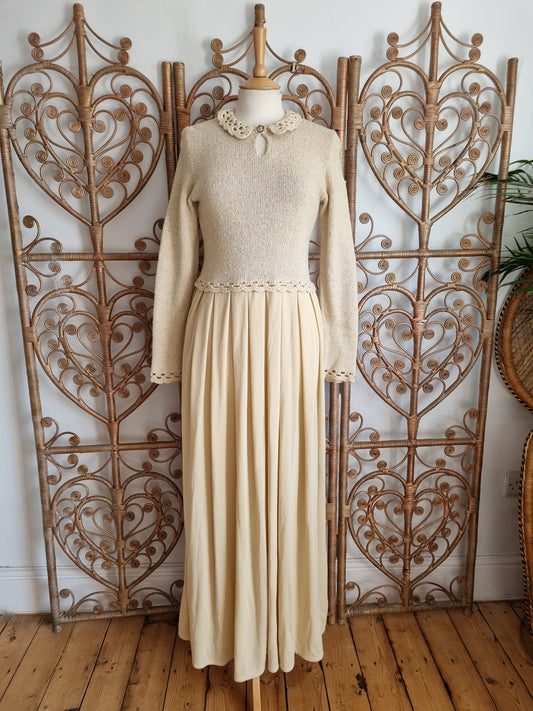 Vintage knitted 70s prairie maxi dress S