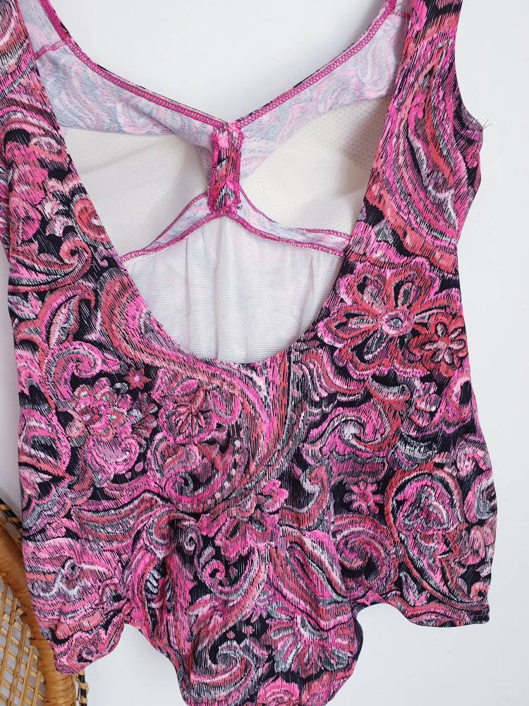 Vintage pink black flower print floral psychedelic body con top swimsuit swimming costume L