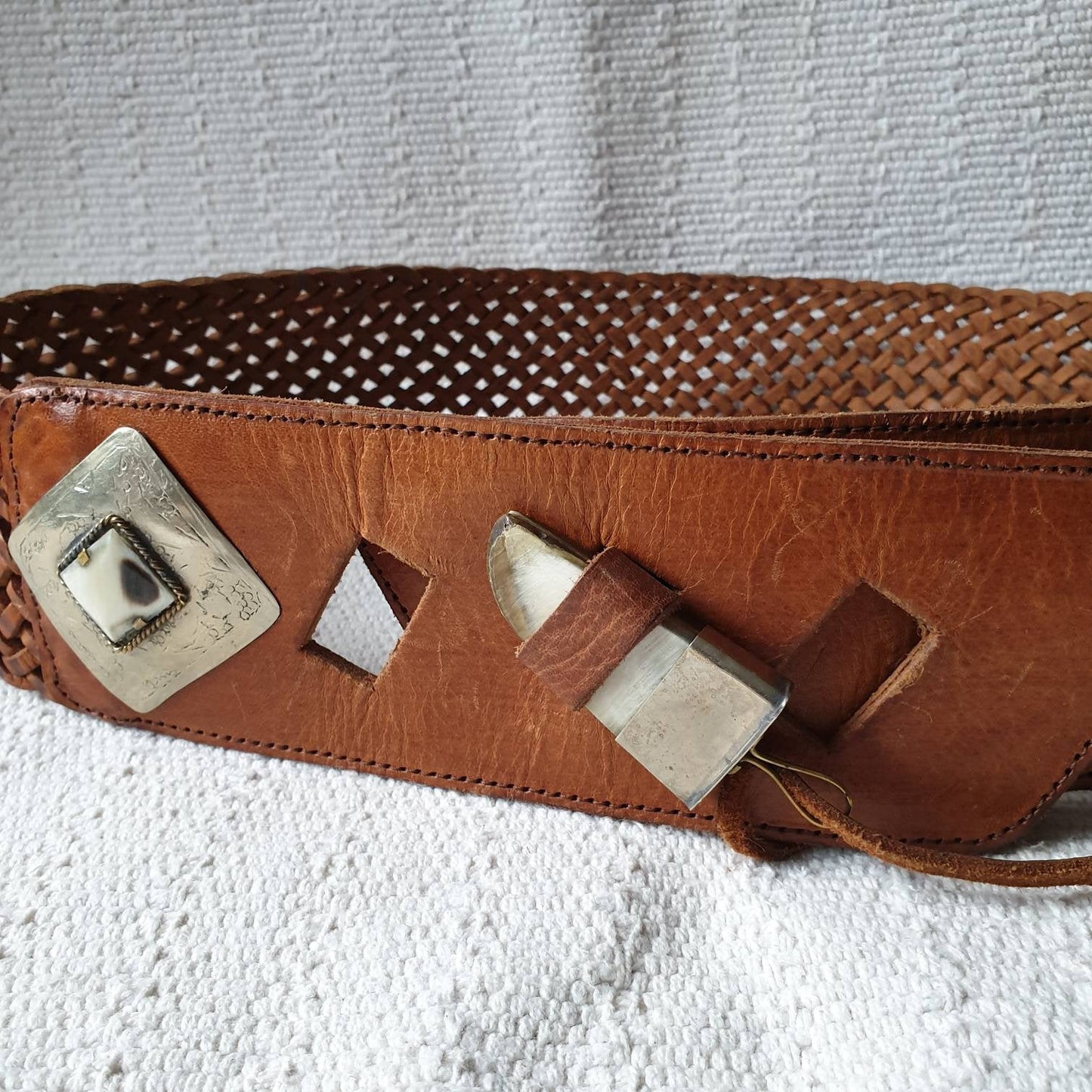 Vintage brown large leather 70s hippy Weave western boho belt  L XL XXL 40" - 44"